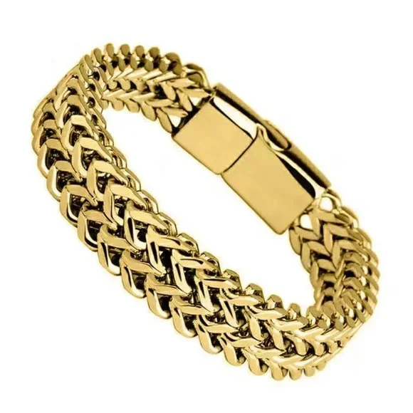 Very Cool Mesh18k. Yellow Gold Plated Stainless Steel Men's Bracelet. 7.5" Long - Picture 2 of 2